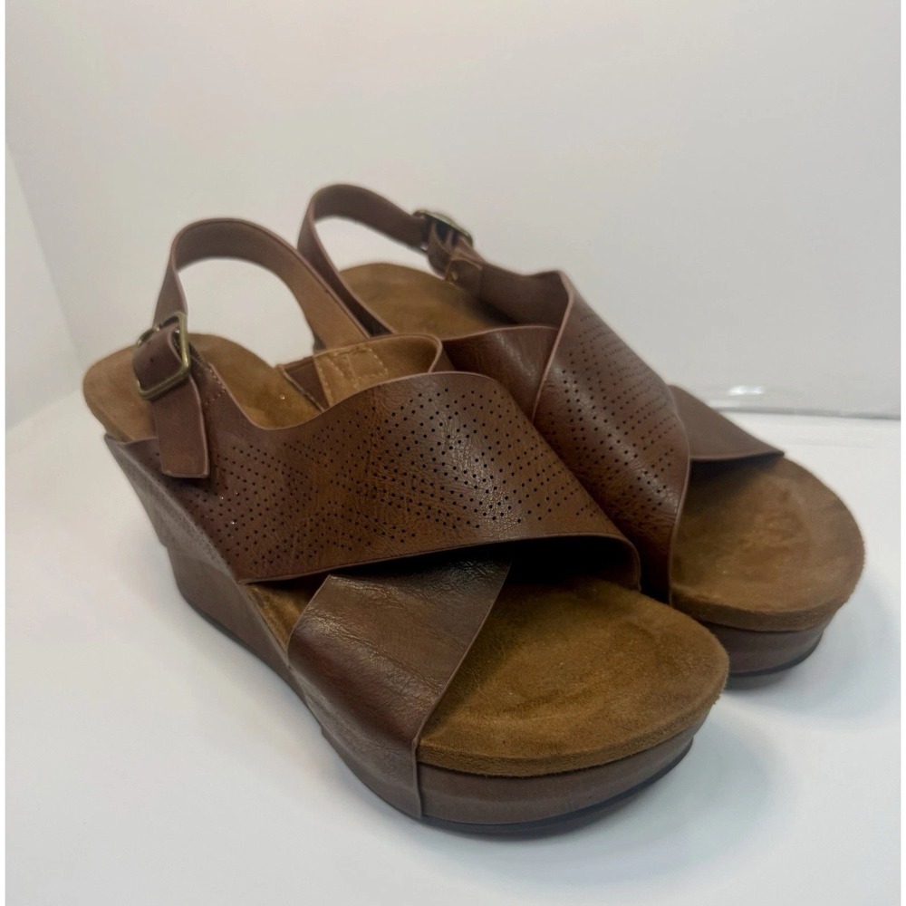 Women's Pierre Dumas Hester Cognac Brown Platform Wedges Size 8 Boho Crisscross